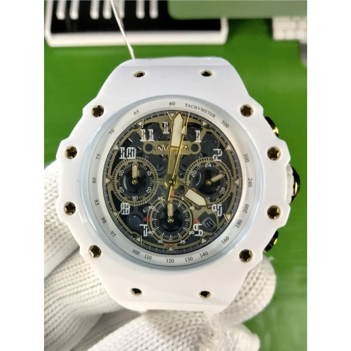 Invicta Racing 69649 Men White Skeleton Gold Dial Silicone Quartz Watch 43.5 mm