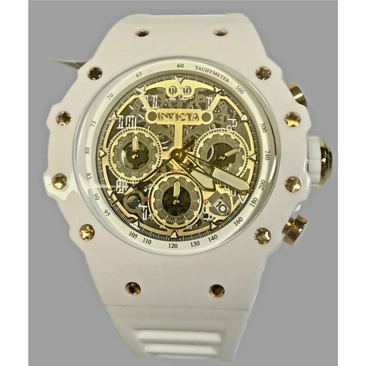 Invicta Men`s Racing 43.5mm Quartz Watch IN-69649 Gold Dial White Silicone Strap
