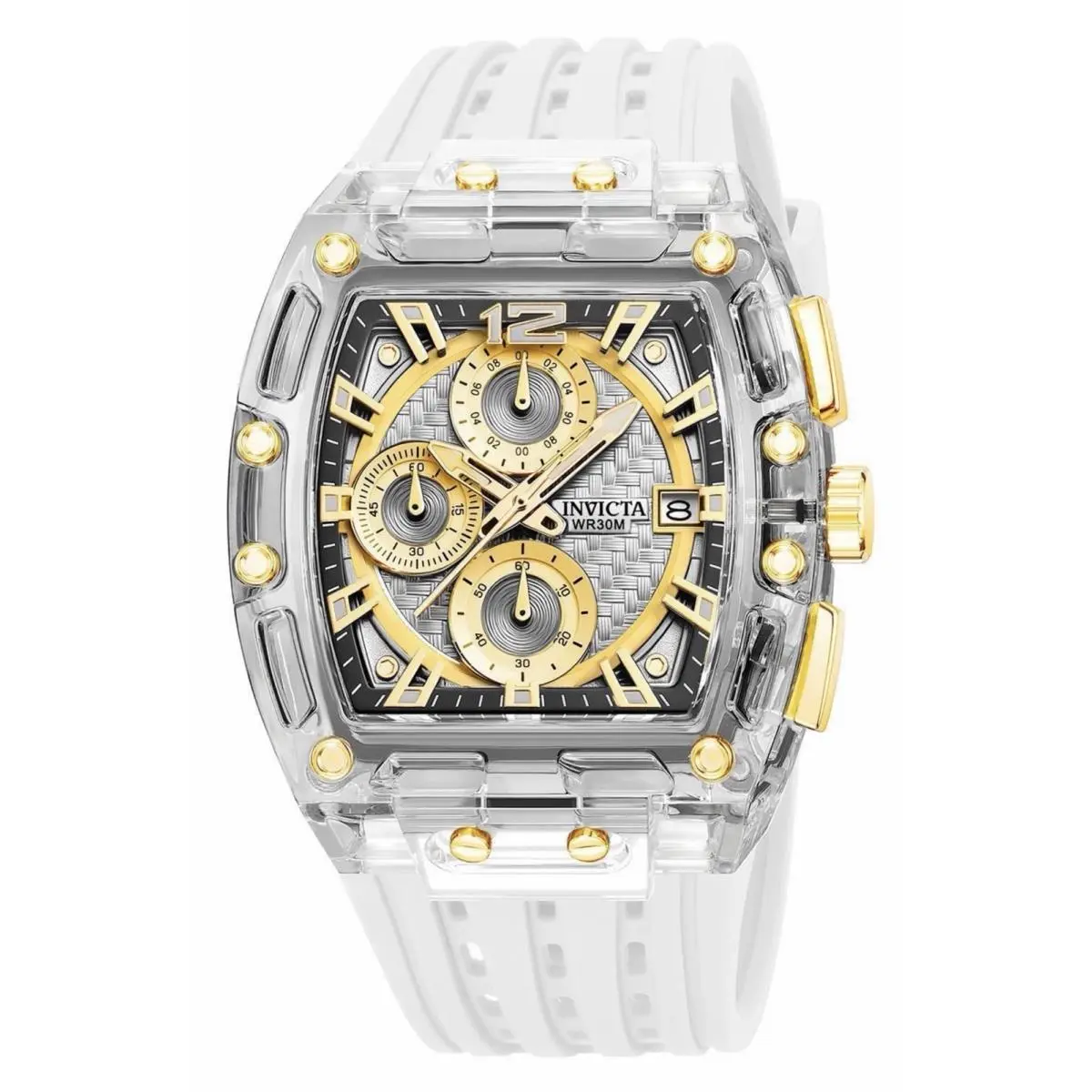 Invicta S1 Rally 70147 Men`s 42mm Transparent Case Gold White Silicone Watch