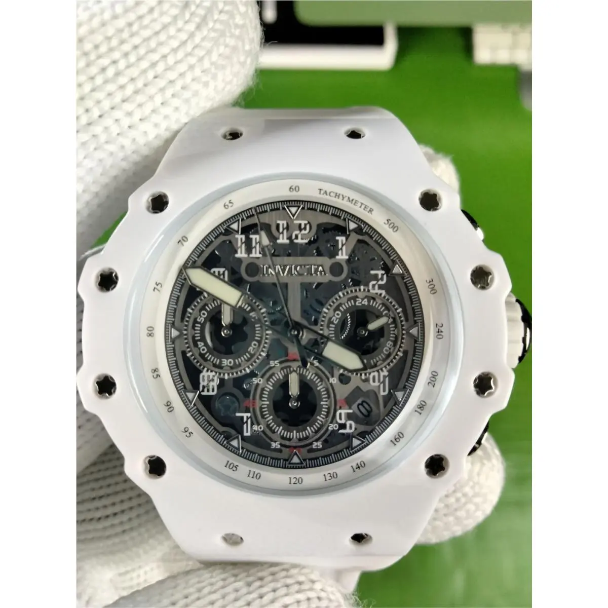 Invicta Racing 69668 Men White Skeleton Silver Dial Silicone Quartz Watch 43.5mm