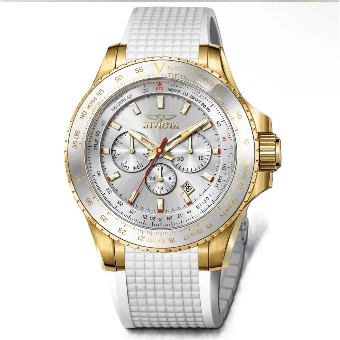 Aviator Skyshock 50mm Gold Case White Strap Silver Dial 50101 by Invicta
