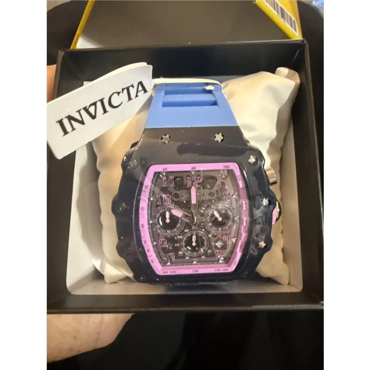 Invicta Tonneau Chronograph Quartz Watch Black Dial Blue Rubber Strap w/ Box