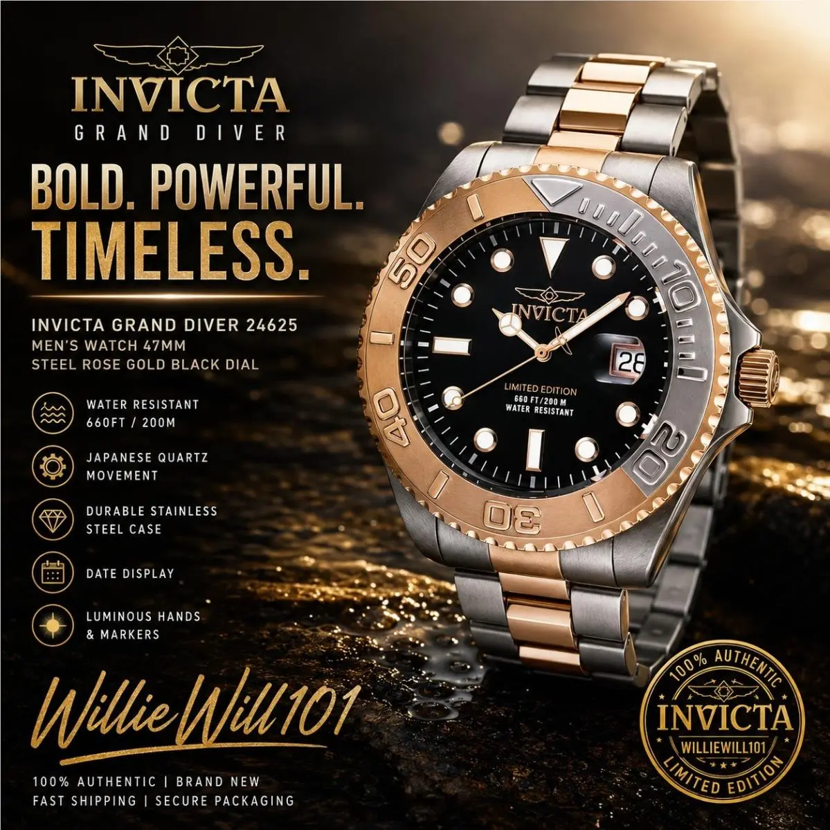 Invicta Grand Diver 24625 Men’s Watch 47mm Steel Rose Gold Black Dial