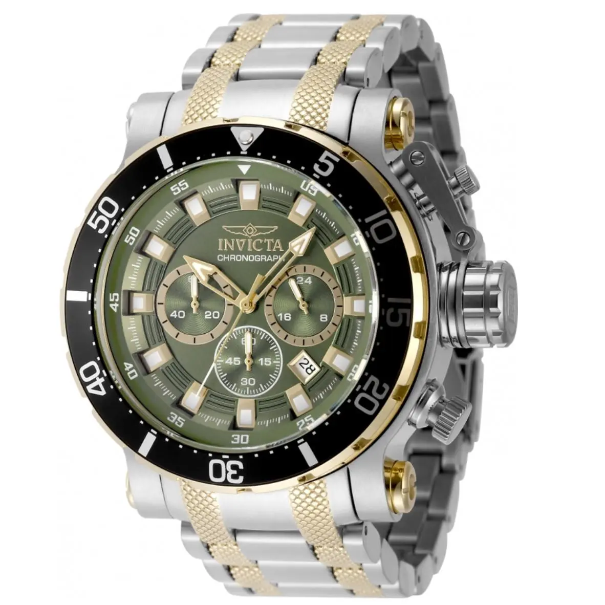 Invicta Coalition Forces Olive Green Dial Mens 52mm Stainless Chrono Watch 49225 - Dial: Gold, Green, White, Yellow, Band: Gold, Gray, Silver, Yellow, Bezel: Black, Gold, Silver