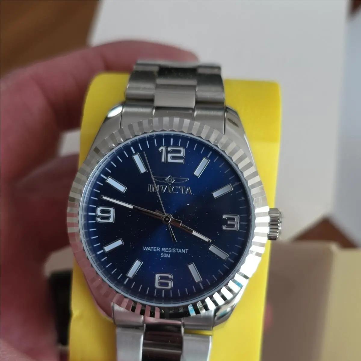 Invicta Men’s Blue Sunburst Dial Quartz 43mm Steel 50m Watch Box