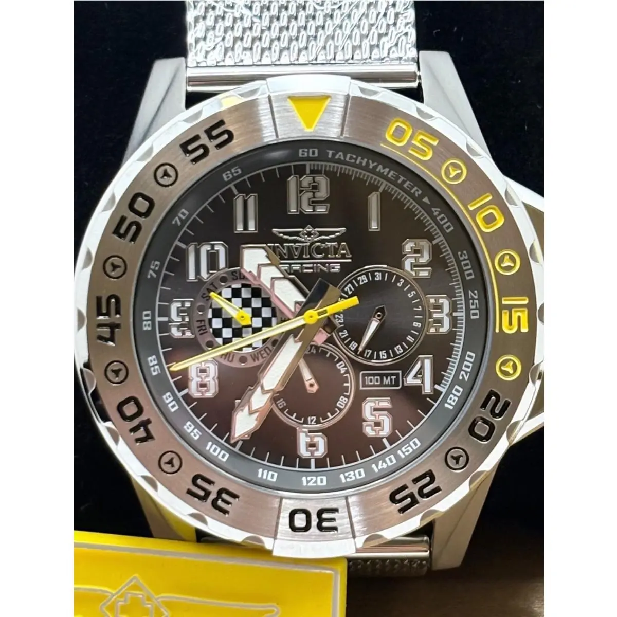 Invicta Racing Men`s Chronograph Tachymeter Black Dial Silver Metal Watch 100M