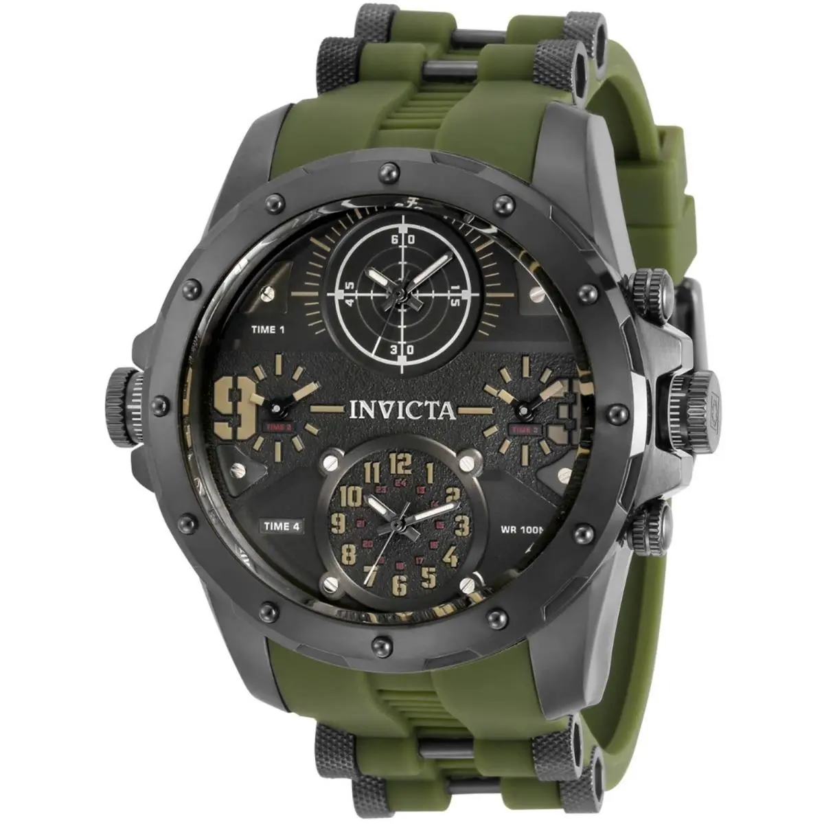 Invicta Men`s Watch Coalition Forces 4 Time Zone Gunmetal and Green Strap 31138