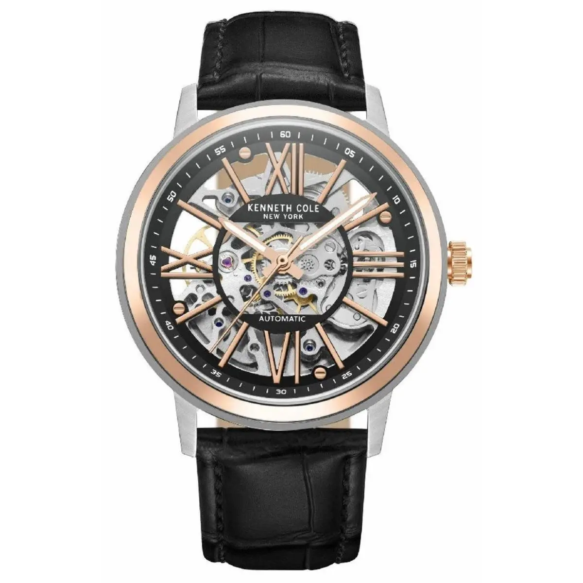 Kenneth Cole KCWGE2233202 Men`s Leather Strap Automatic Skeleton Watch