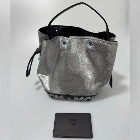 Mcm Metallic Calfskin Studded Bucket Bag Silver Black