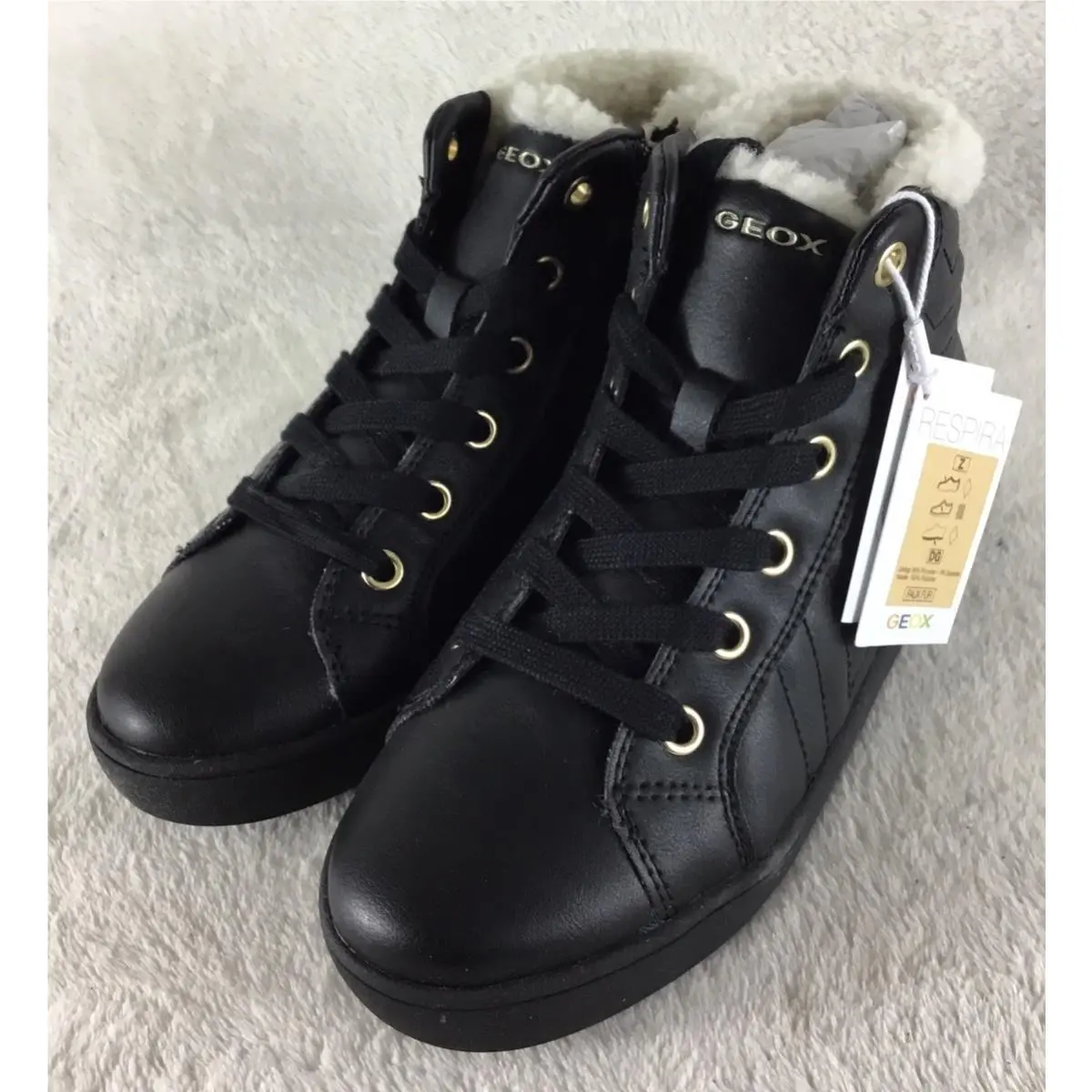 Geox J Kathe G. Sneakers Girl`s 3 Black Gold Synthetic Leather High Top Lace Up