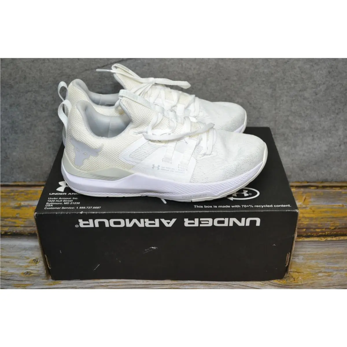 Under Armour Mens 8 UA Project Rock Bsr Charged Shoes White Training Sneaker Gym