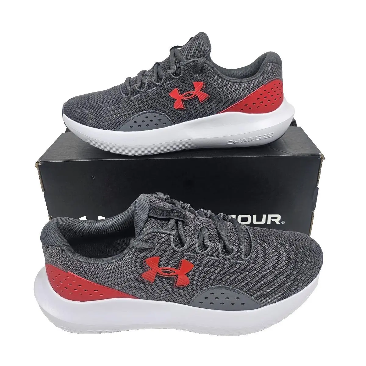 Under Armour UA Charged Surge 4 Men`s 10 Shoes Gray Red 3027000-107 Sneakers