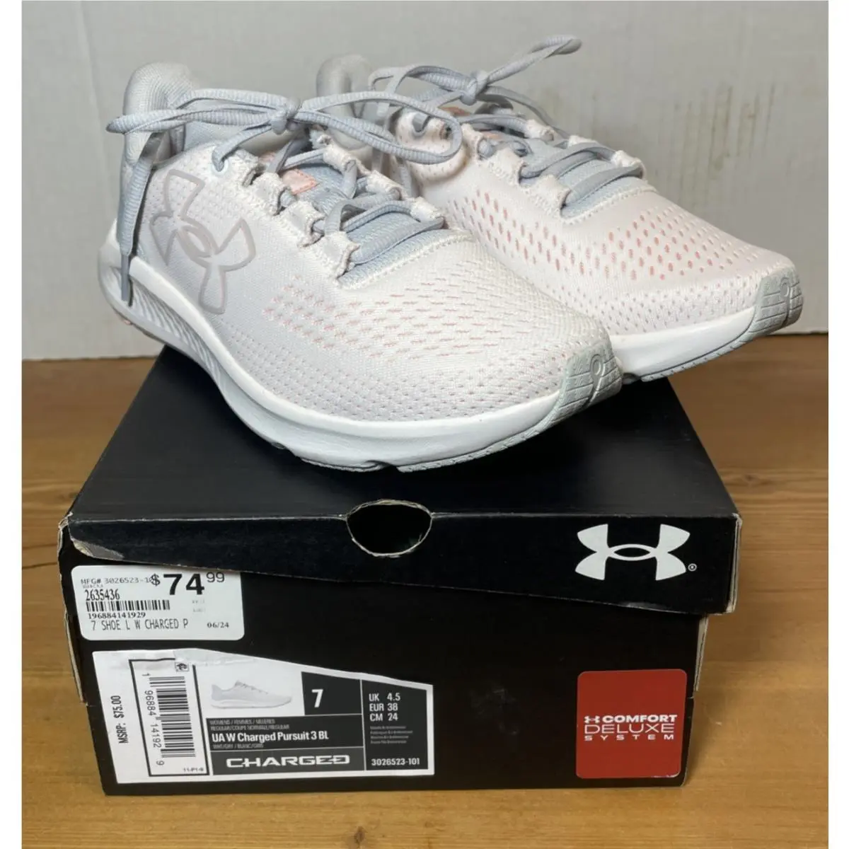 Under Armour Women`s UA W Charged Pursuit 3 BL Running Shoes White/gray SZ 7