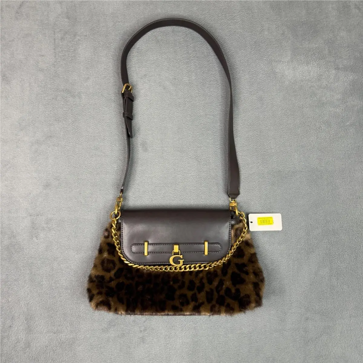 Guess Bergen Leopard Fur Shoulder Bag Brown Flap Handbag WL897320