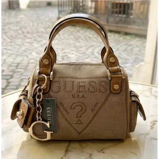 Vintage Guess Jeans Usa Monogram Canvas Bowler Satchel Bag Brown Tan Y2K 90s