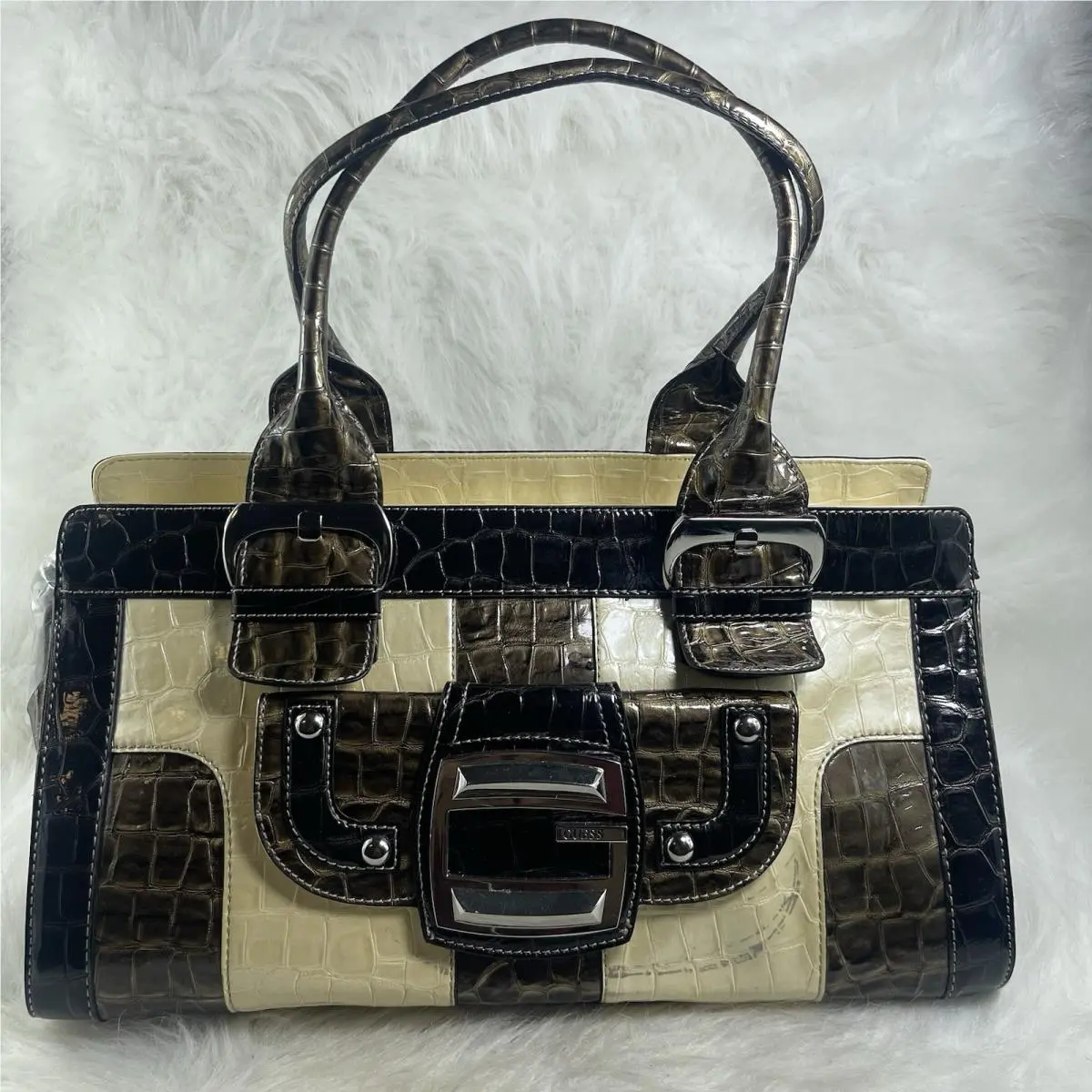 Guess Vintage Shoulder Bag Biege and Brown with Silver Metal Logo Shiny 2 Strap