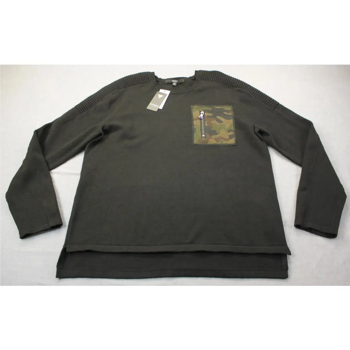 Guess Men Jet Black Printed Camo Mesh Pocket Soft Ribbed Crewneck Sweater XL