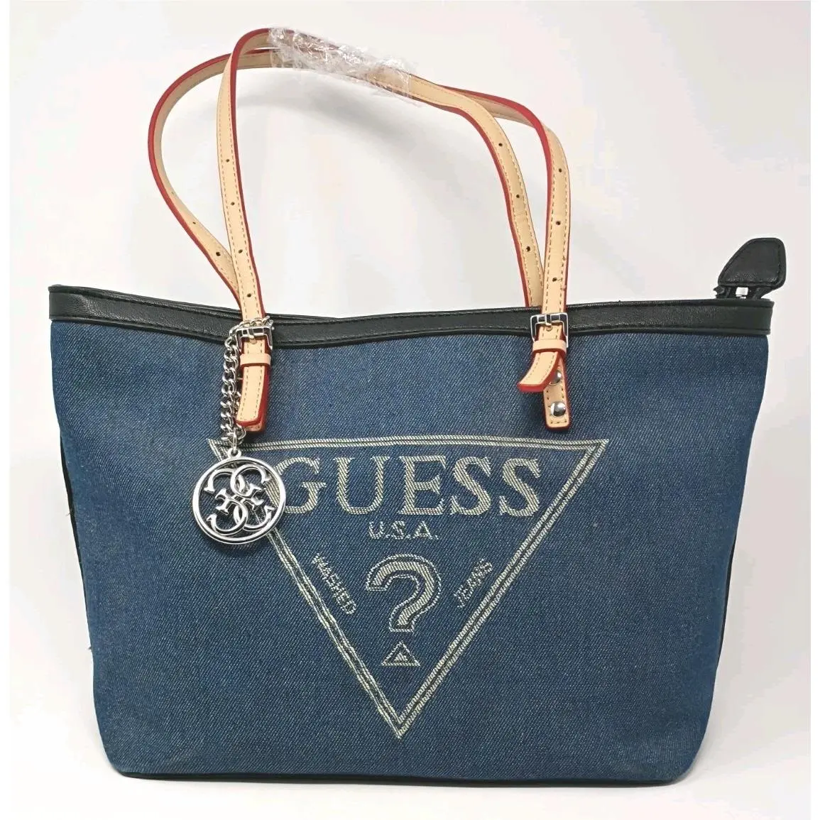 Guess Denim Y2K Logo Large Shoulder Bag Blue Triangle