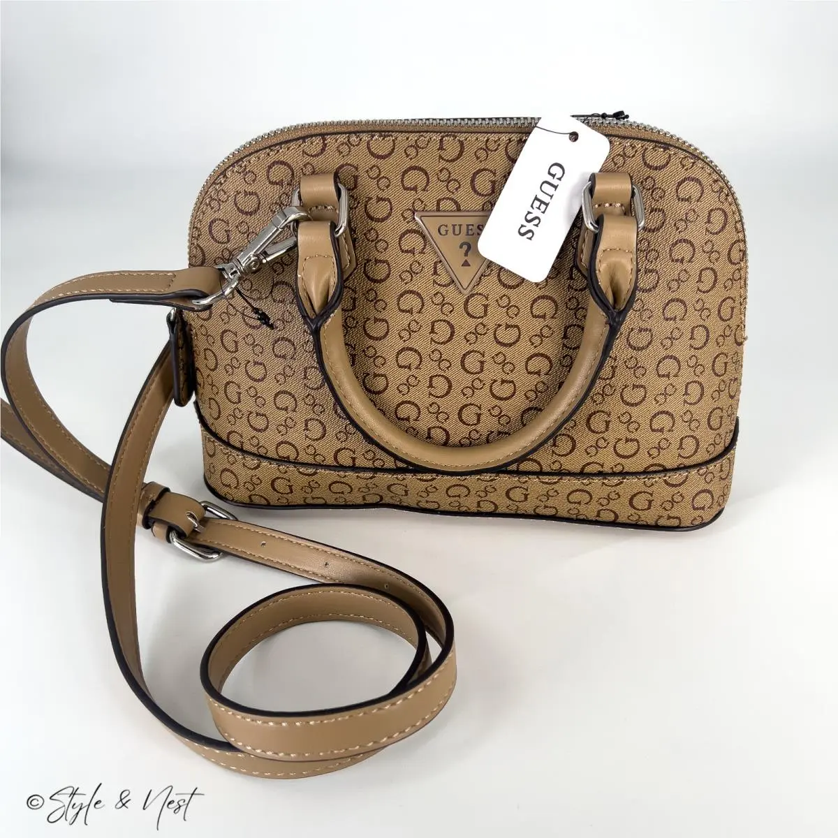 Guess Sarai Logo Status Satchel Brown Walnut Mini Crossbody