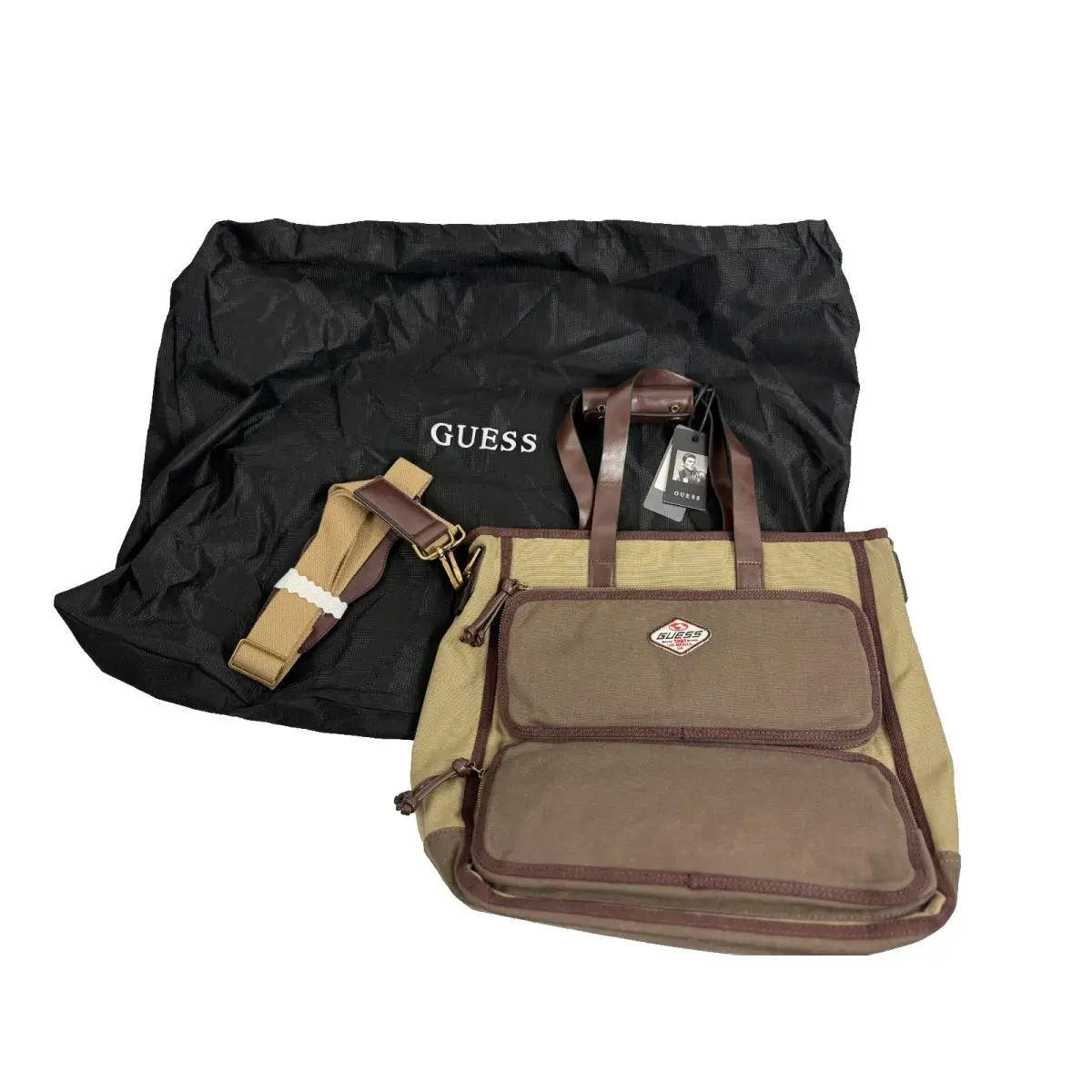 Guess Rodeo Canvas Briefcase Messenger Bag Satchel 2-Way Crossbody Khaki Brown