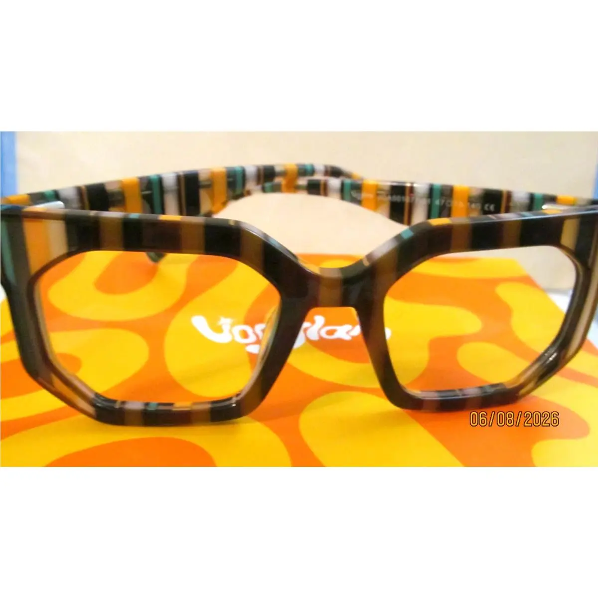 Valentino Vooglam Square Orange/brown/green Striped Glass Frames /pouch/cloth