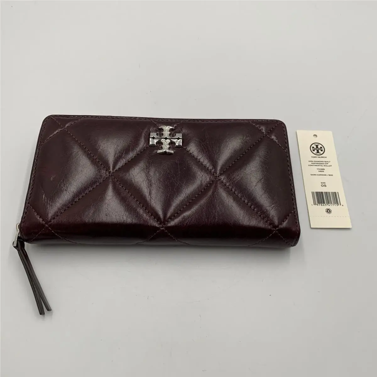 Tory Burch Dark Carmine Kira Diamond Quilt Coninental Zip Wallet Silver Logo