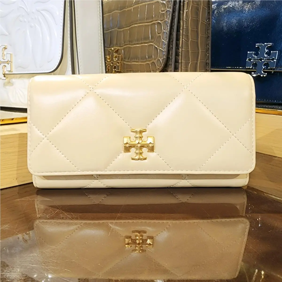 Tory Burch Kira Vanilla Soft Serve Diamond Quilted Italian Leather Flap Wallet