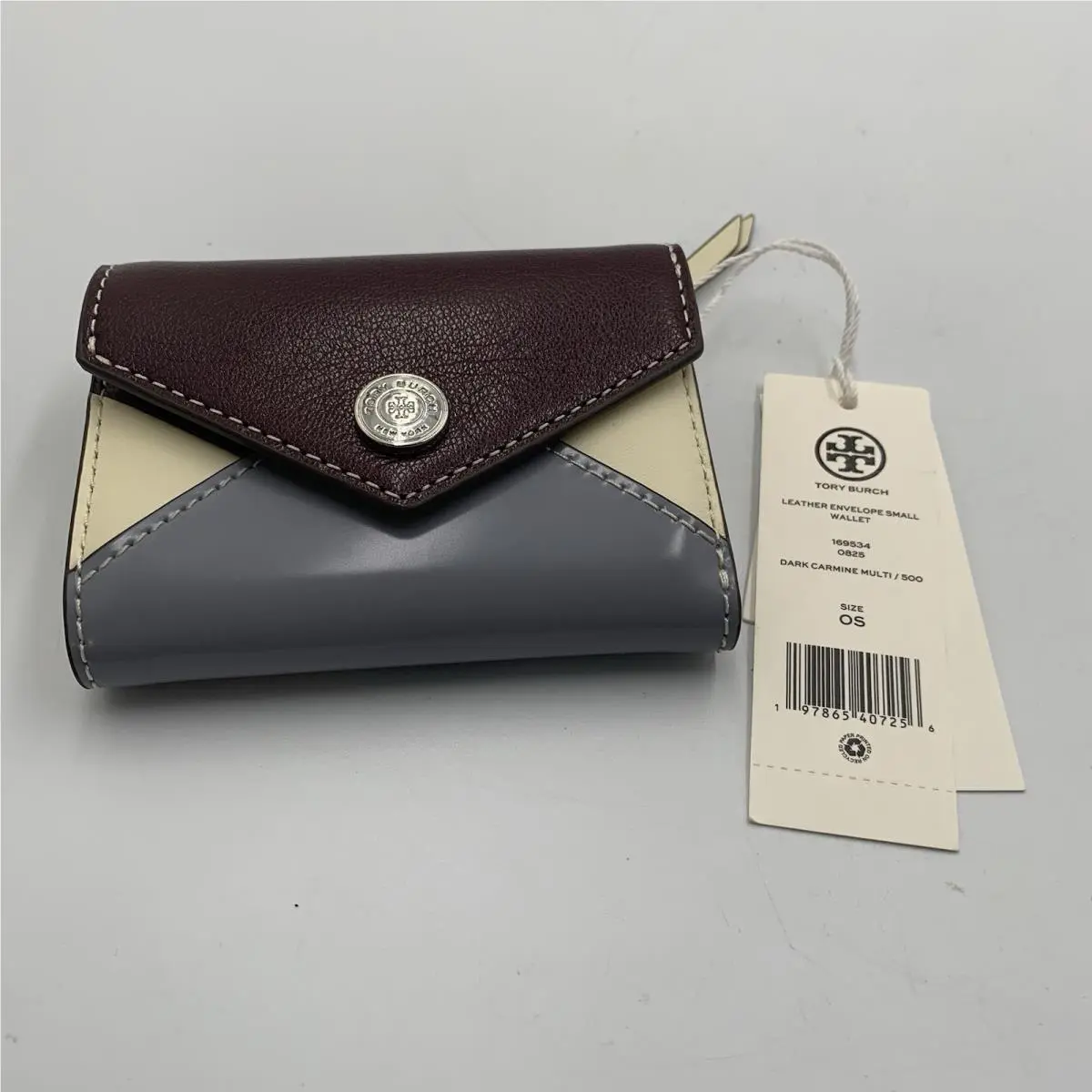 Tory Burch Small Dark Carmine Colorblocked Leather Envelope Wallet w/ Tag