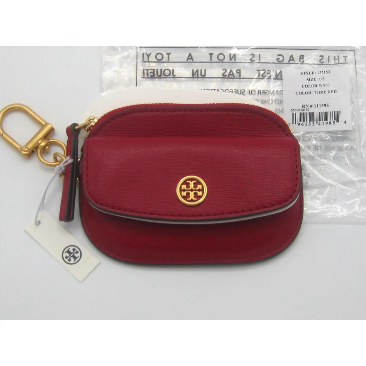 Tory Burch Robinson Red Saffiano Leather Card Case Key Fob in Orig. Pkg
