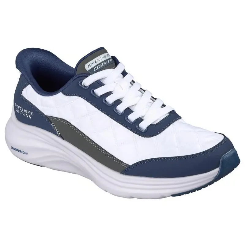 Womens Skechers Slip Ins Contour Foam Cozy Fit Pure White Navy Leather