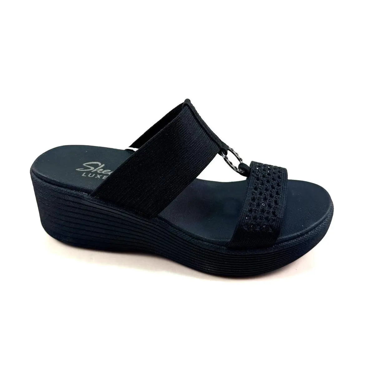 Skechers 163518 Black Luxe Foam Slip On Mid Wedge Embellished Platform Sandal