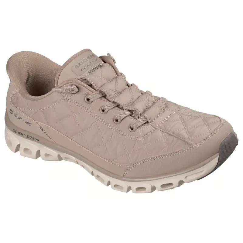 Womens Skechers Slip Ins Glide Step Cozy Fit AT Ease Taupe Leather Shoes