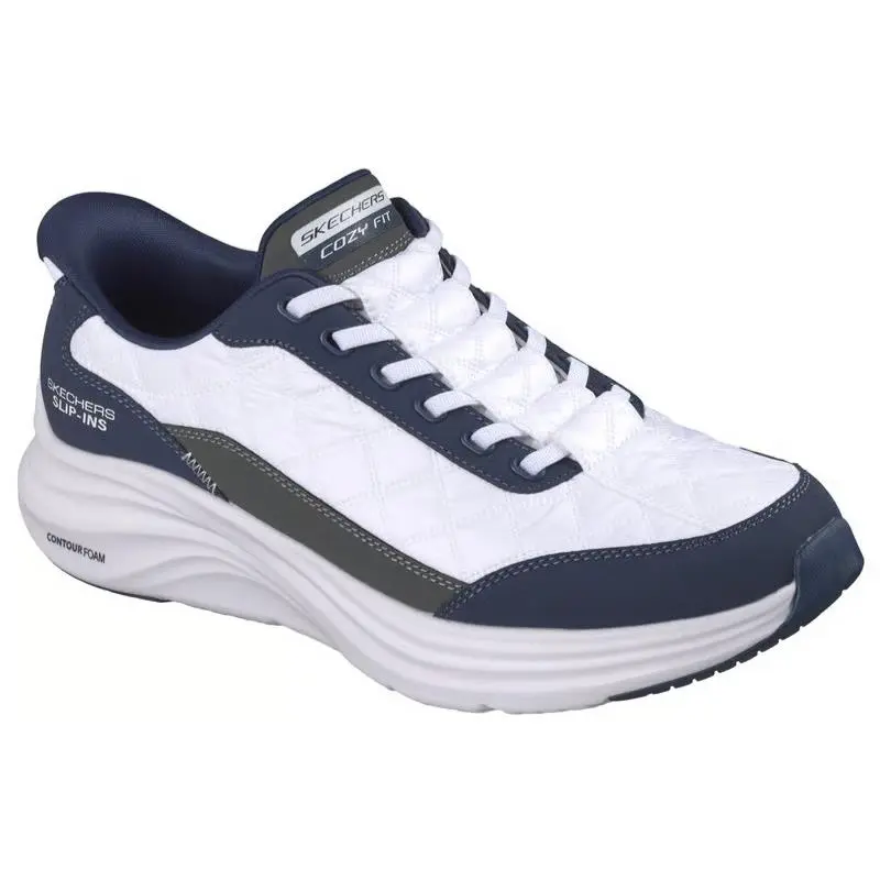 Mens Skechers Slip Ins Contour Foam Cozy Fit Ohtro White Navy Fabric Shoes