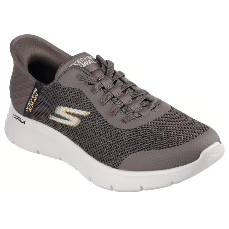 Mens Skechers Slip Ins GO Walk Flex Hands UP Brown Mesh Shoes - Brown