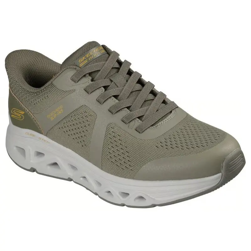Mens Skechers Slip Ins Bobs Sport Arc Waves Remix Feel Grounded Olive Knit - Green