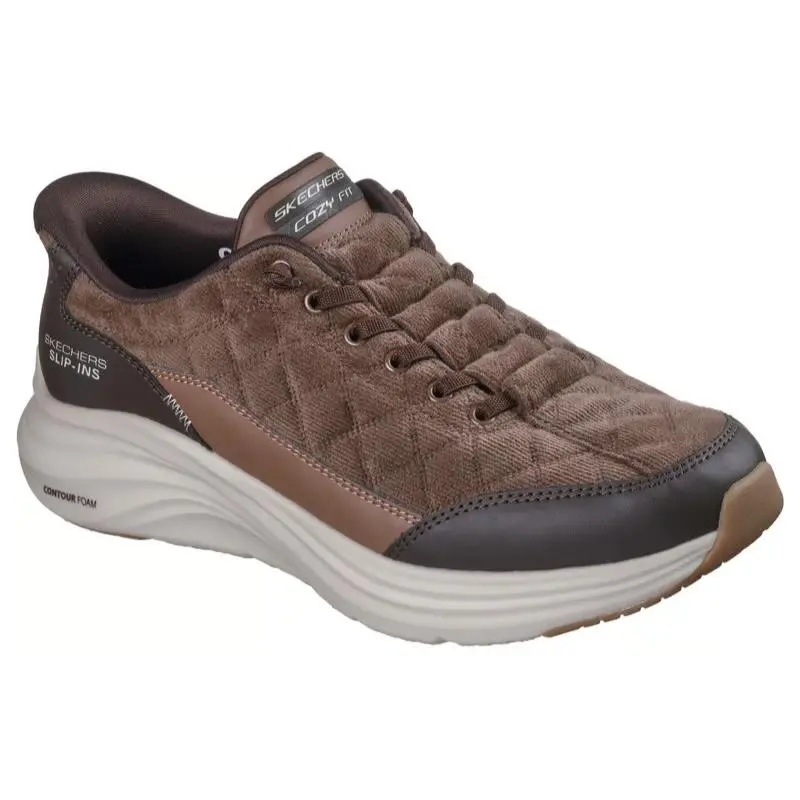 Mens Skechers Slip Ins Contour Foam Cozy Fit Cordelux Brown Fabric Shoes