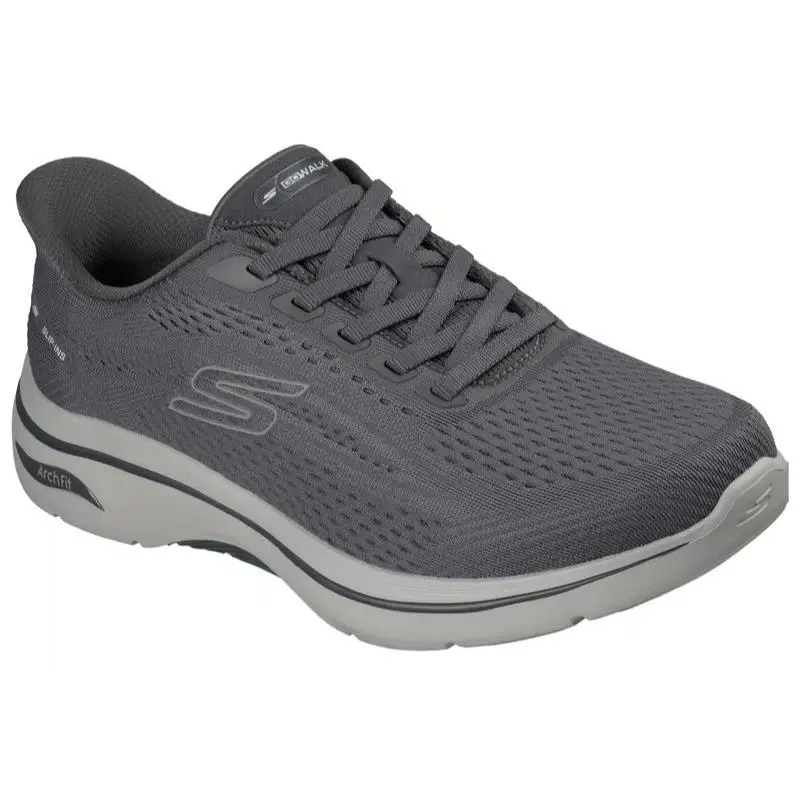 Mens Skechers Slip Ins GO Walk Arch Fit 2.0 Percy Charcoal Knit Shoes