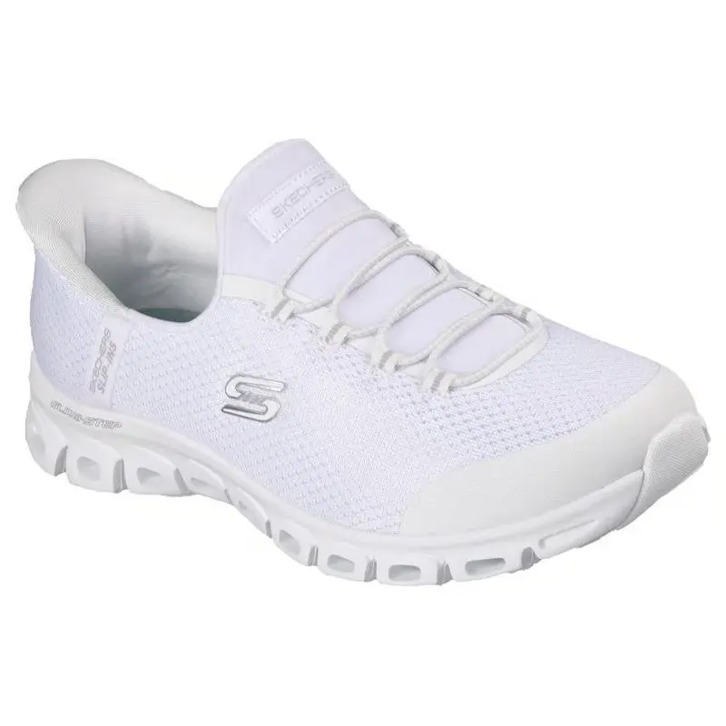 Womens Skechers Slip Ins Glide Step Pursuit White Silver Mesh Shoes
