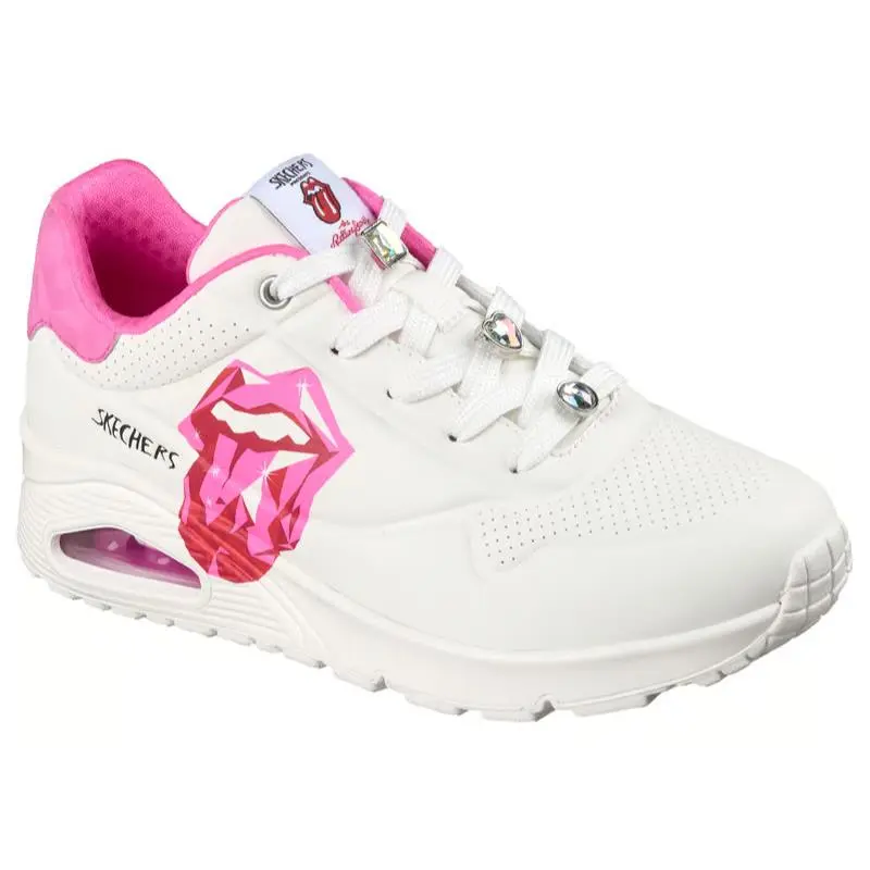 Womens Skechers Rolling Stones Uno Diamond Stones White Pink Durabuck