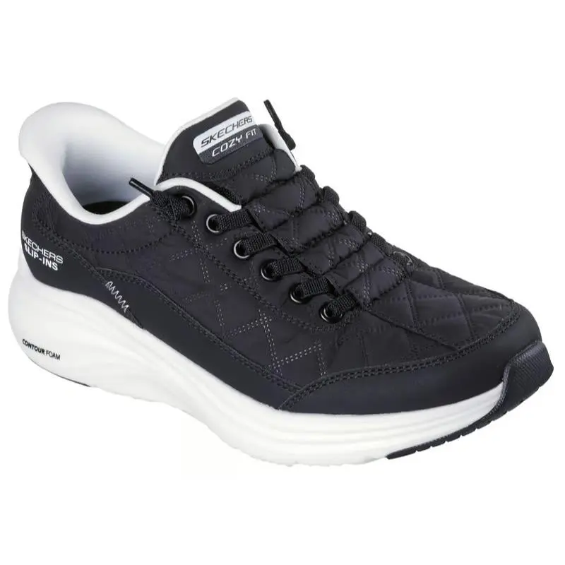 Womens Skechers Slip Ins Contour Foam Cozy Fit Black White Fabric Shoes
