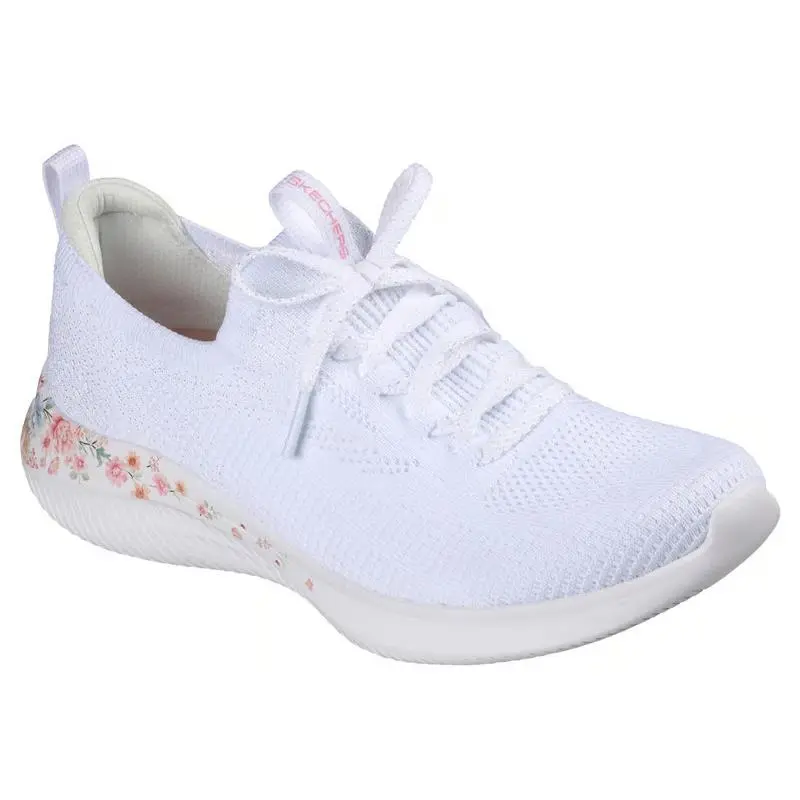 Womens Skechers Ultra Flex 4.0 Fresh Blossoms White Knit Shoes