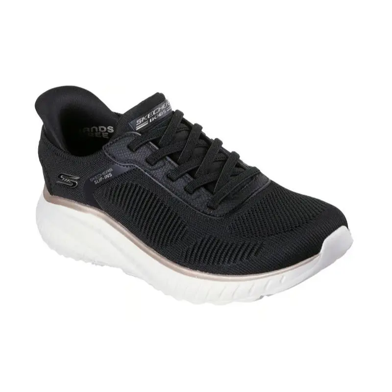Womens Skechers Slip Ins Bobs Sport Squad Chaos Black Gold Knit Shoes - Black