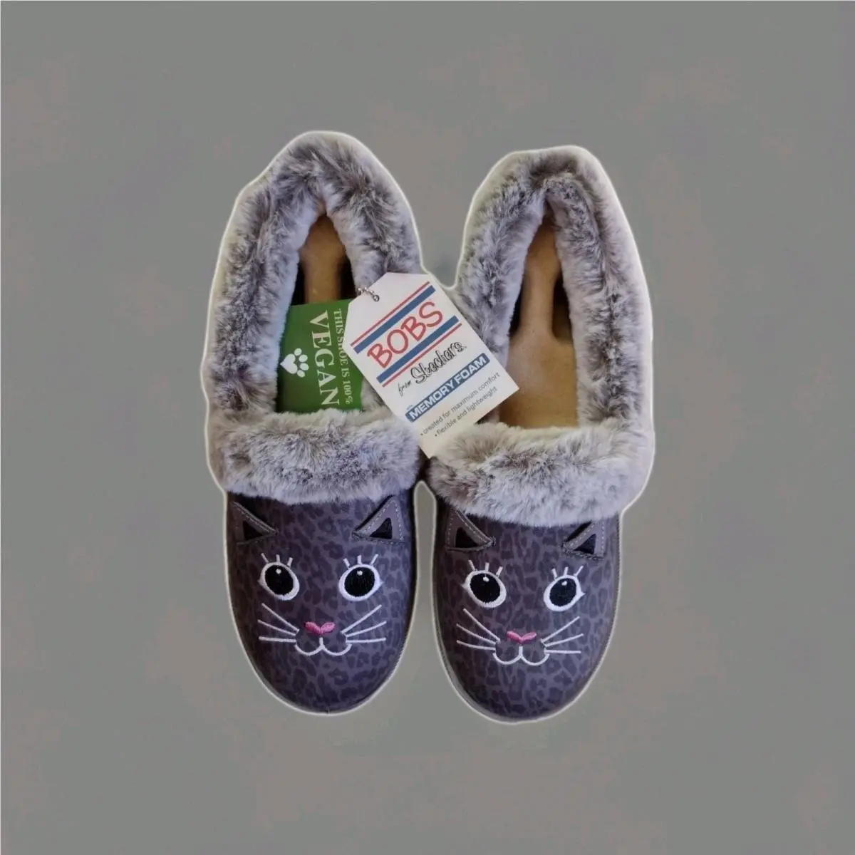 Skechers Bobs Too Cozy Jazzy Pawty Cat Meow Slipper Sz 7.5 Charcoal Fur Lined Memory Foam