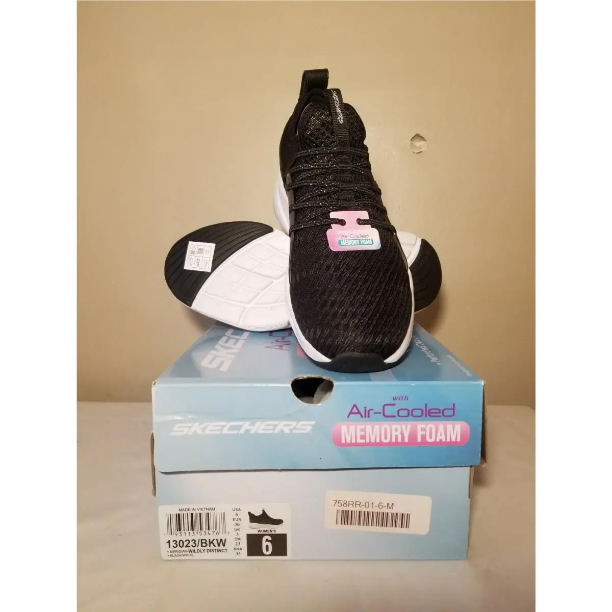 Women`s Skechers Mer Air Cooled Memory Foam Black/white Shoes Usa 6/EUR 36