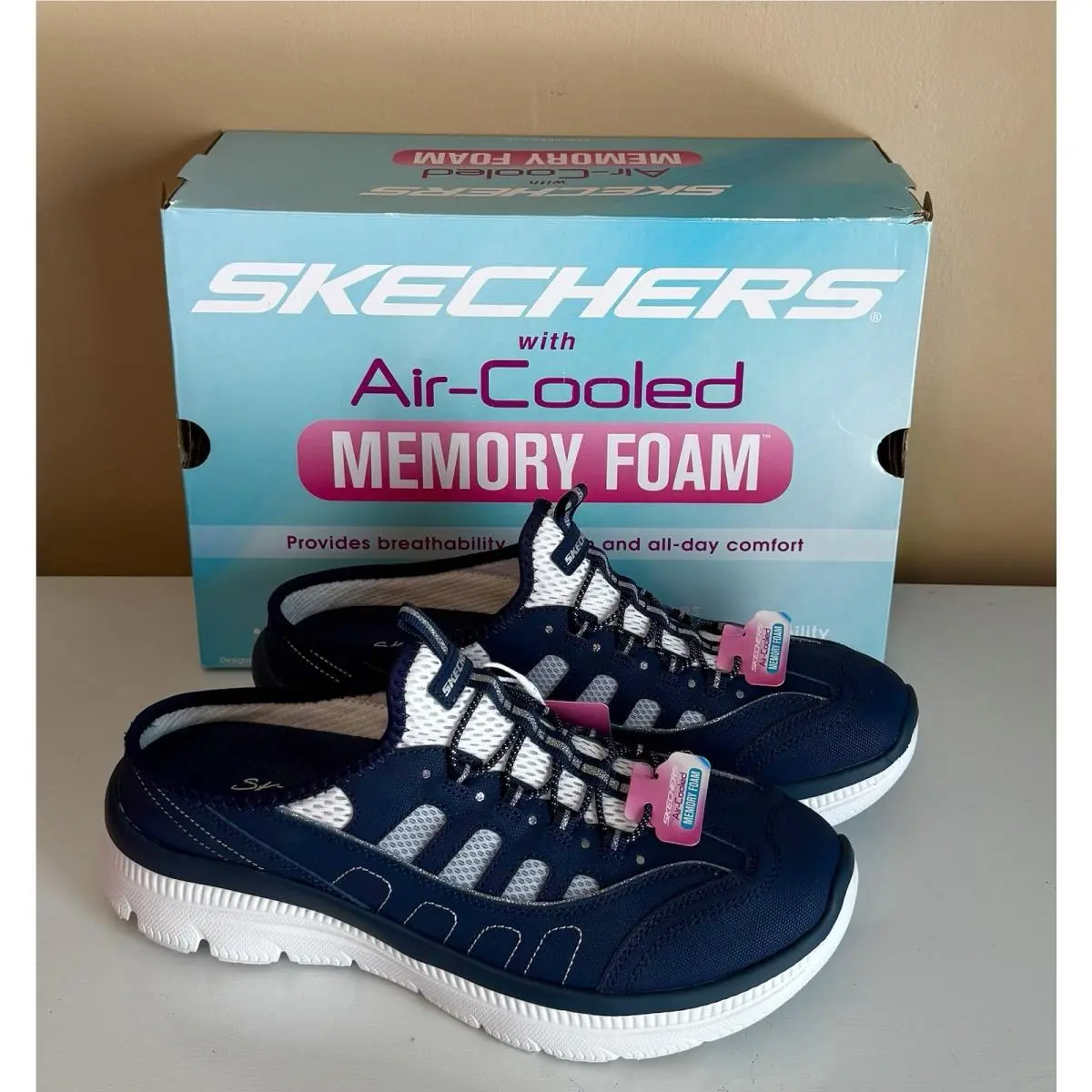 Women`s Skechers Size 9.5 Navy Summits Plus Cosmic Sparkle Air-cooled Slip Ons
