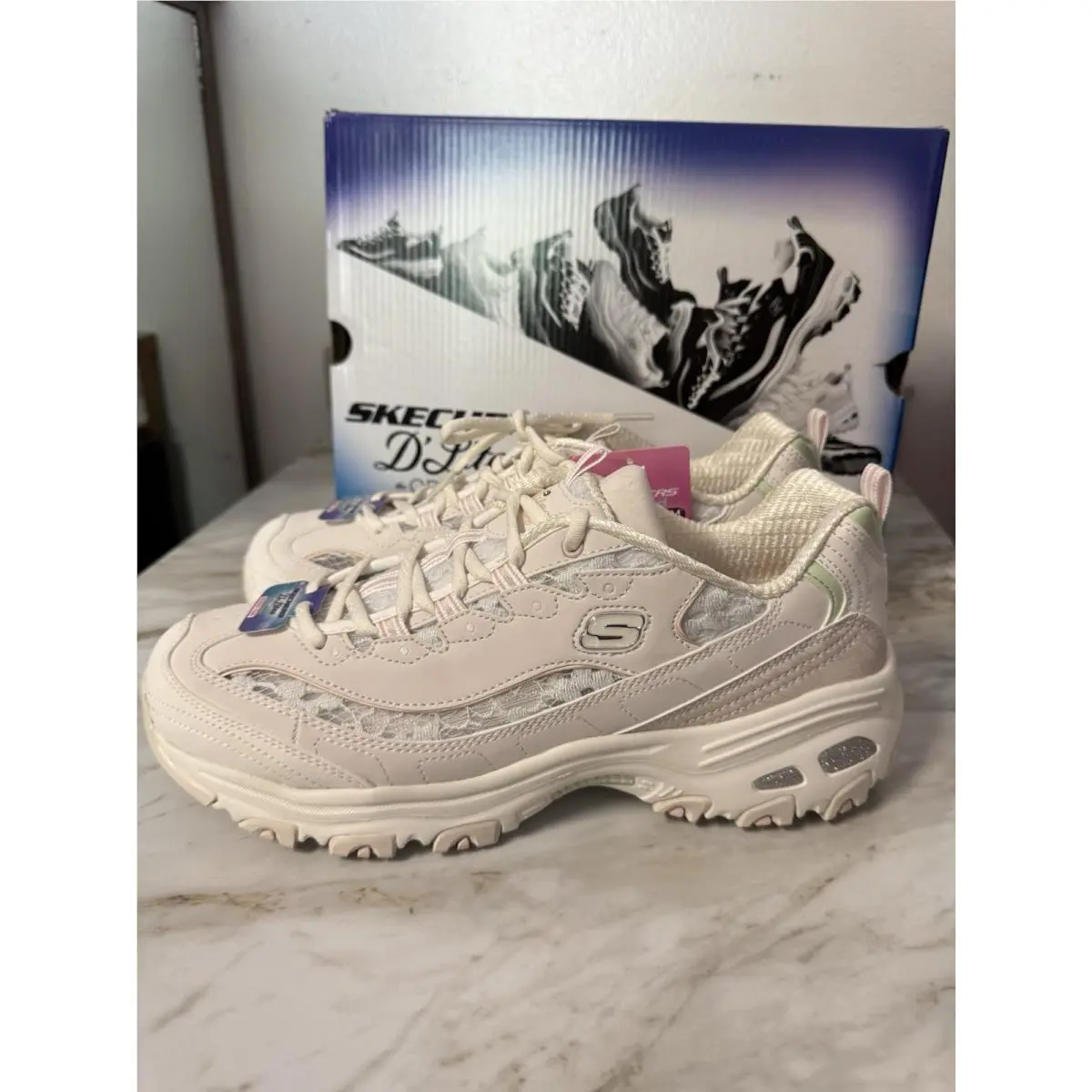 Skechers Women Size 10 D`lites Sun Garden Sneakers Off White Lace Glitter
