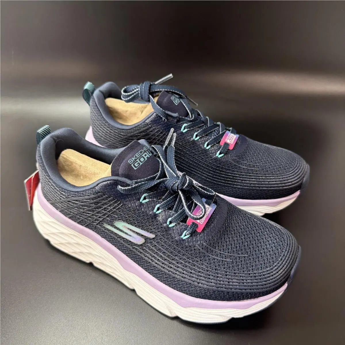 Skechers Max Cushioning Elite Womens Navy Lavender Shoes Size 8 Wide Fit