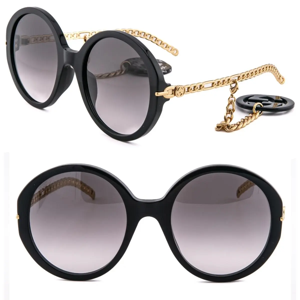 Gucci GG0726S Chain 0726 Gold Black Metal Round Detachable Charm Sunglasses 001