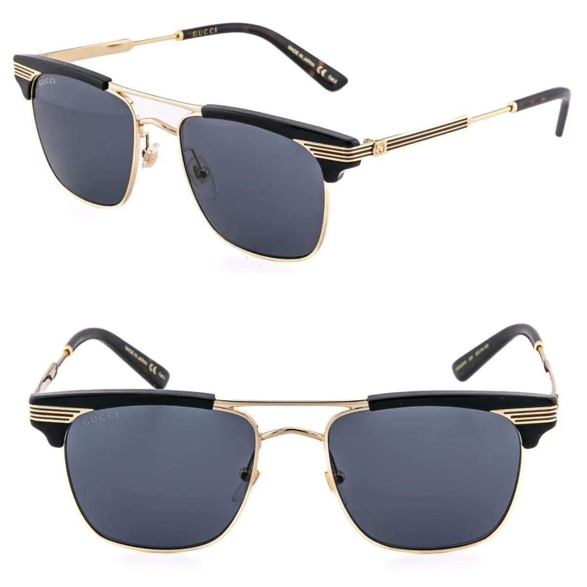 Gucci Stripe 0287 Black Gold Logo Web Square Navigator Sunglasses GG0287S 001