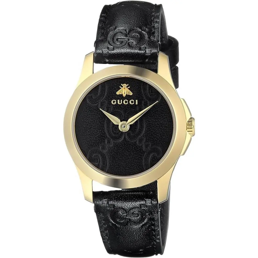 Gucci G Timeless Quartz Black Dial Black Leather Strap Watch For Women -YA126581 - Dial: Black, Band: Black
